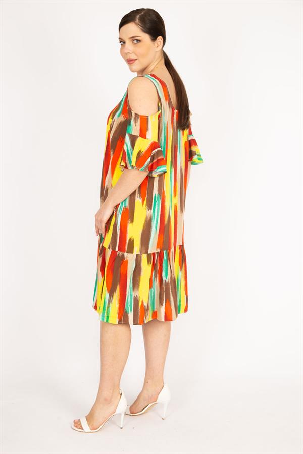 Kadın Fujya Büyük Beden Omuz Dekolteli Dokuma Viskon Kumaş Yan Cepli Elbise