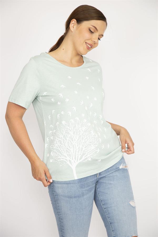 Kadın Yeşil Büyük Beden Pamuk Kumaş Ön Baskılı Kısa Kollu Bluz