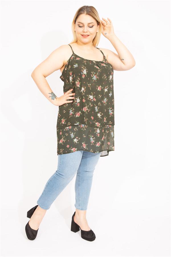 Kadın Haki Büyük Beden Şifon Kumaş Askılı Önü Katlı Bluz 65N35663