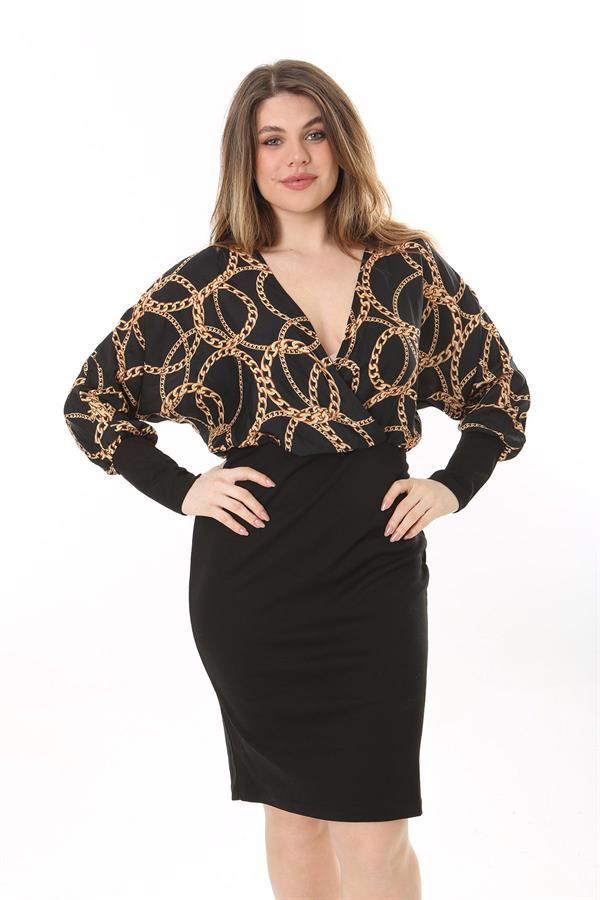 Kadın Büyük Beden Siyah Anvelop Yakalı Uzun Kollu Elbise 65N37628