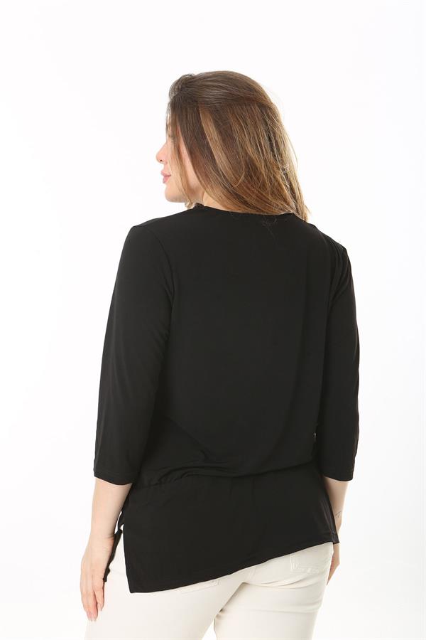 Kadın Büyük Beden Siyah Yakası Taş Detaylı Ön Bağcıklı Tunik 65N37537