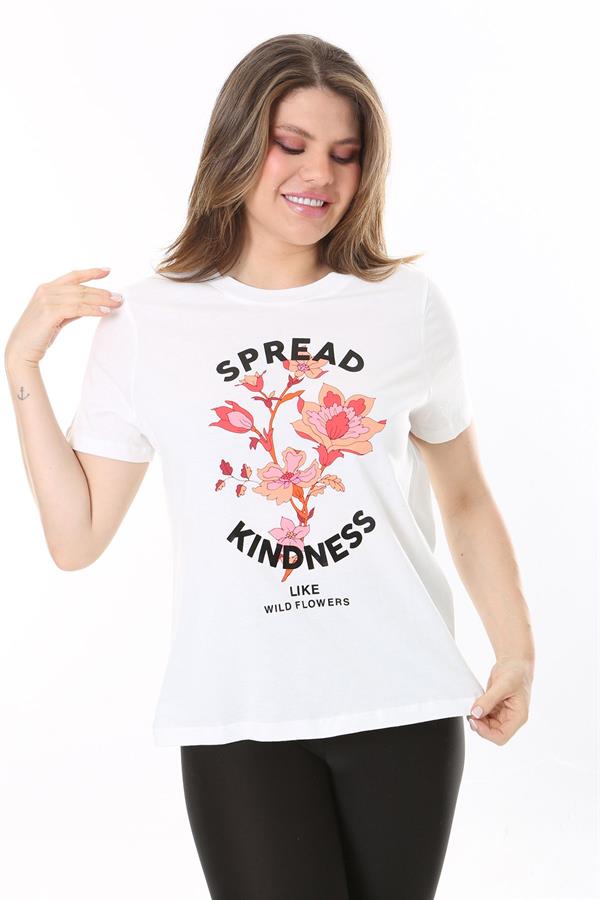 Kadın Büyük Beden Beyaz Pamuklu Kumaş Ön Baskılı Kısa Kollu Bluz 65N37854