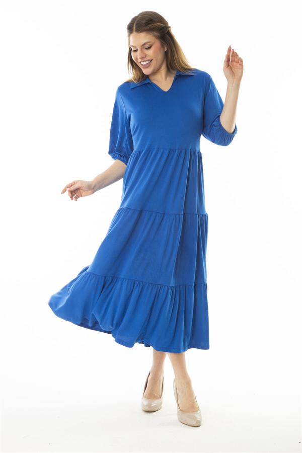 Kadın Büyük Beden Saks Yakalı Kol Ağzı Lastik Detaylı Katlı Uzun Elbise 65N37071