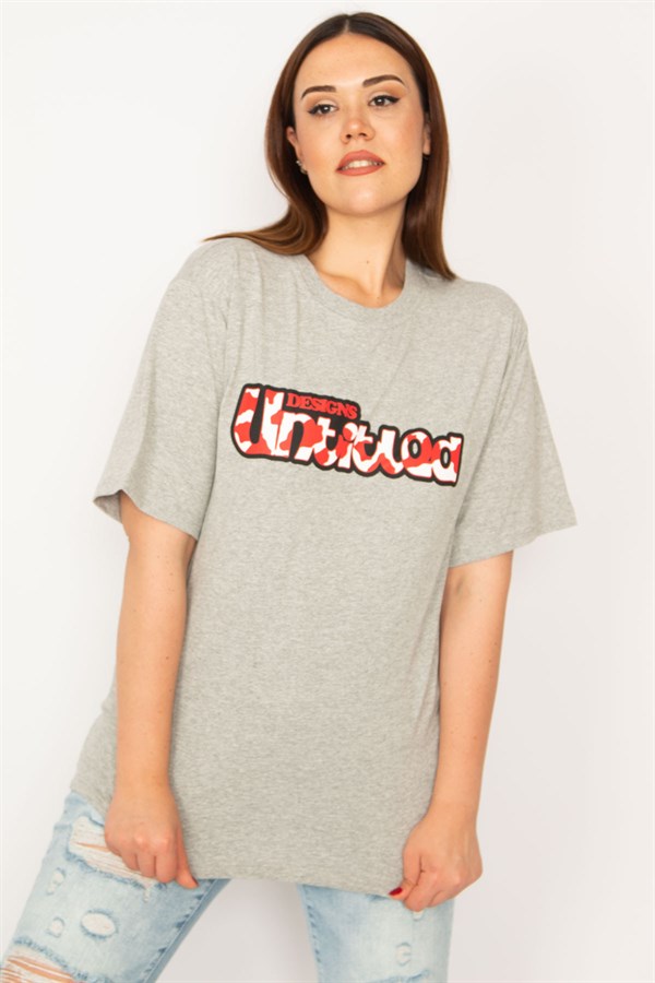 Kadın Gri Dijital Baskılı Pamuklu Kumaş Bluz 65N33273