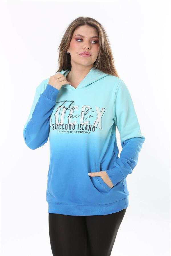 Kadın Büyük Beden Renkli İki İplik Sim Ve Ön Baskı Detaylı Kapşonlu Sweatshirt 65N37162