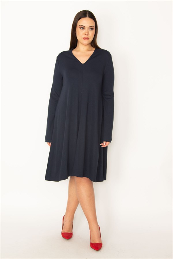 Kadın Lacivert V Yakalı Uzun Kollu Elbise 65N34945