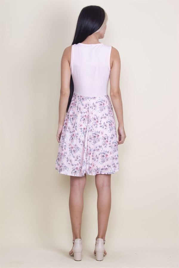 ETEK KISMI DESENLİ V YAKALI ASTARLI ELBİSE