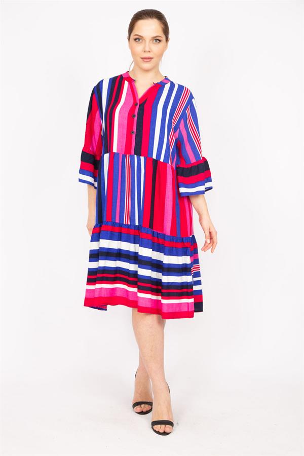 Kadın Fujya Büyük Beden Dokuma Kumaş V Yakalı Ön Pat Düğmeli Katlı Elbise 65N35831