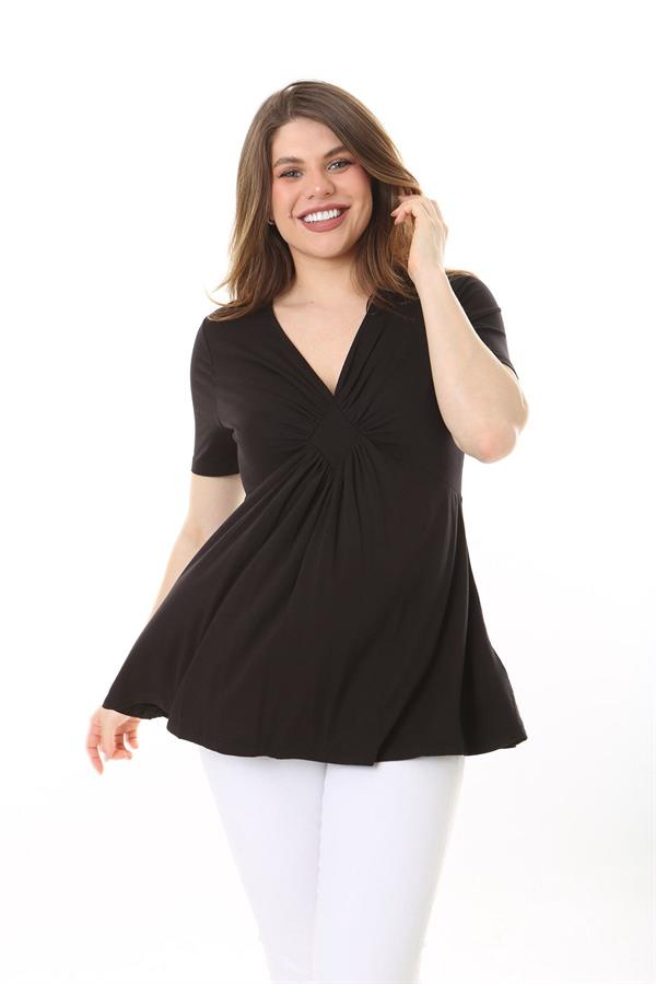 Kadın Büyük Beden Bordo Göğüs Büzgü Detaylı V Yakalı Kısa Kollu Bluz 65N37581