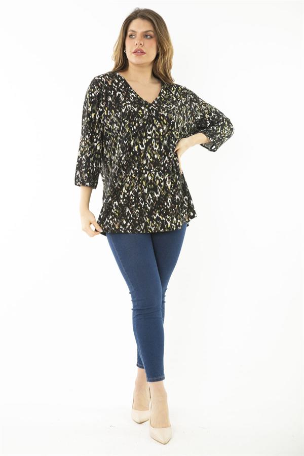 Kadın Büyük Beden Kahve Yaka Pileli Kapri Kollu Bluz 65N37147