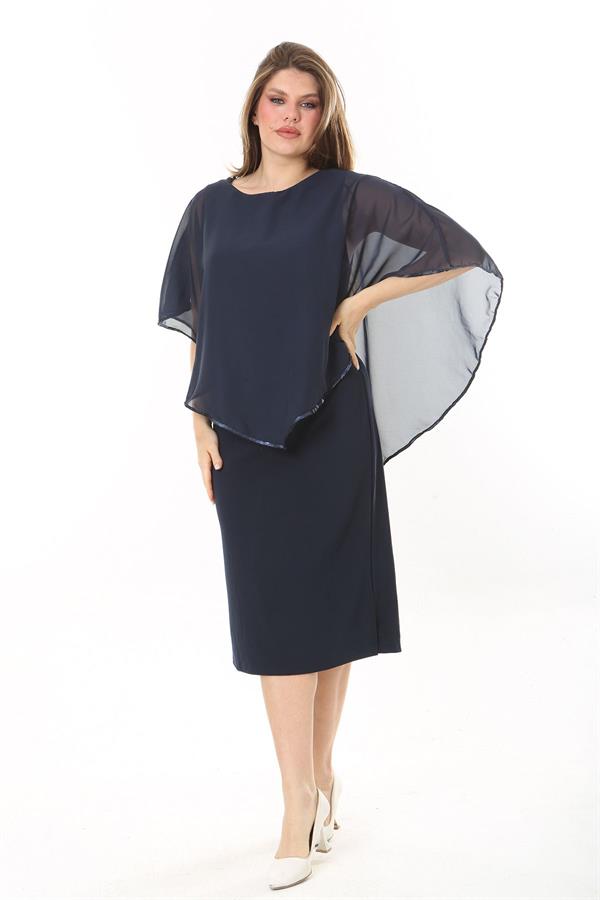 Kadın Büyük Beden Lacivert Şifon Pelerinli Elbise 65N37910