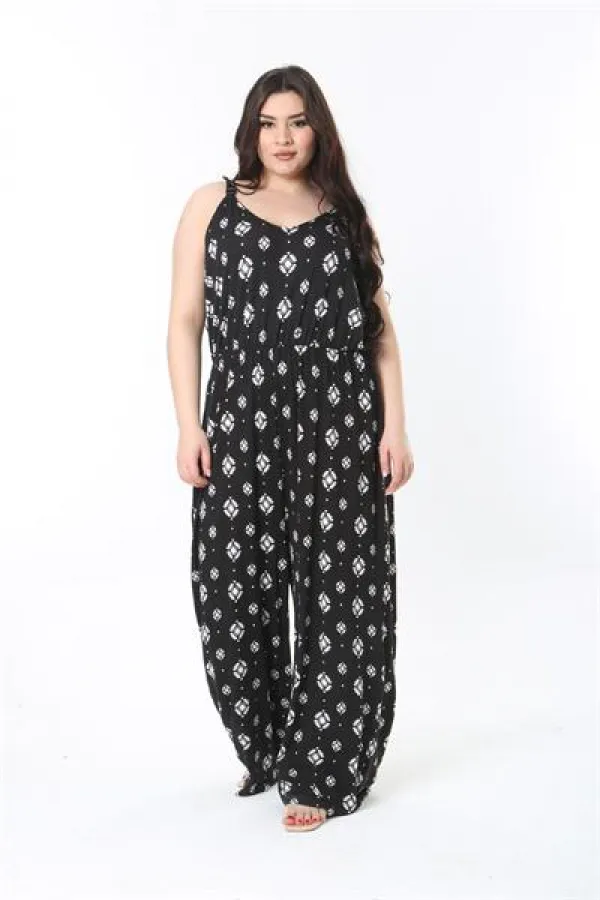 Kadın Büyük Beden Siyah Askılı Geniş Paçalı Beli Lastikli Rahat Kesim Tulum 65N38852