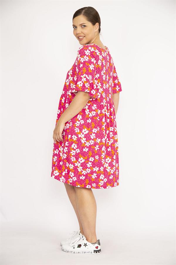 Kadın Büyük Beden Renkli Bisiklet Yakalı Volan Kollu Belden Büzgülü Elbise