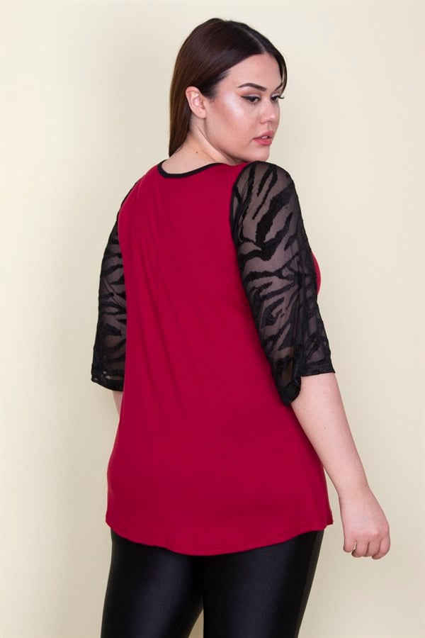 Kadın Bordo Kolları Flok Tül Detaylı Viskon Bluz 65N25580