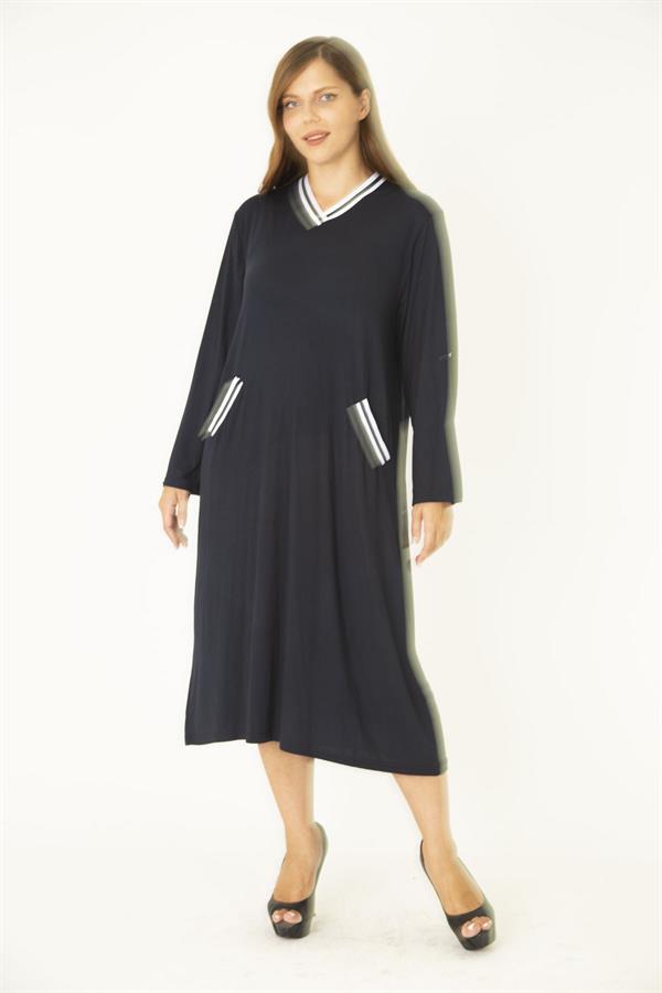 Kadın Büyük Beden Lacivert Ribana Detaylı V Yakalı Kol Boy Ayarlı Cepli Elbise 65N36829