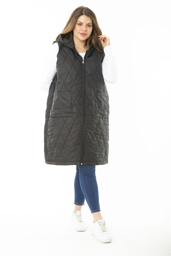 Kadın Büyük Beden Haki Ön Dermuarlı Kapşonlu Kapitone Astarlı Uzun Mont 65N37107