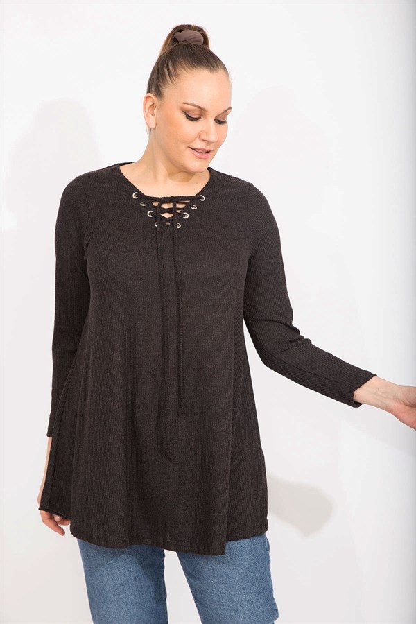 Kadın Antrasit Rahat Kesim Kaşkorse Kumaş Yakası Kuşgözü Bağcık Detaylı Uzun Tunik 65N35499