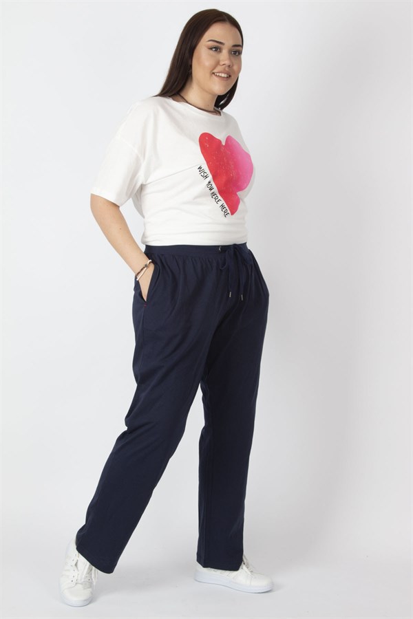 Kadın Lacivert Pamuklu Kumaş Bel Detaylı Spor  Pantolon 65N31837