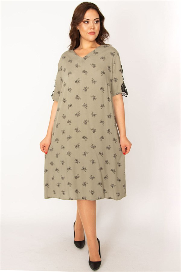 Kadın Haki Dokuma Viskon Kumaşv Yaka Dantel Detaylı Elbise 65N33533