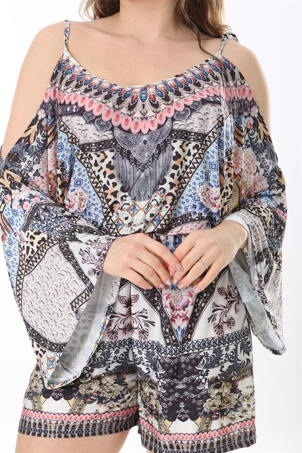 Kadın Büyük Beden Renkli Omuz Dekolteli Şort Tulum 65N37993