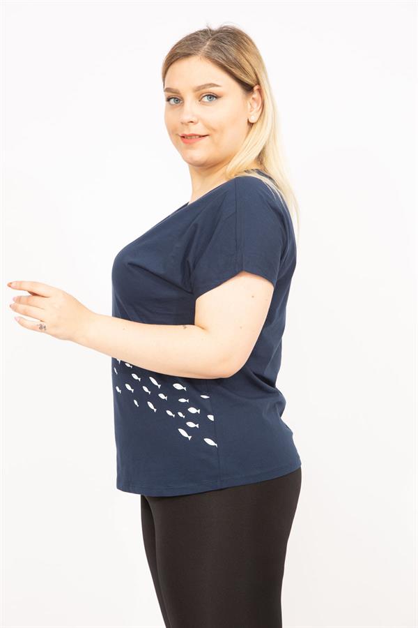 Kadın Lacivert Büyük Beden Pamuklu Kumaş Ön Desenli Bluz 65N35767