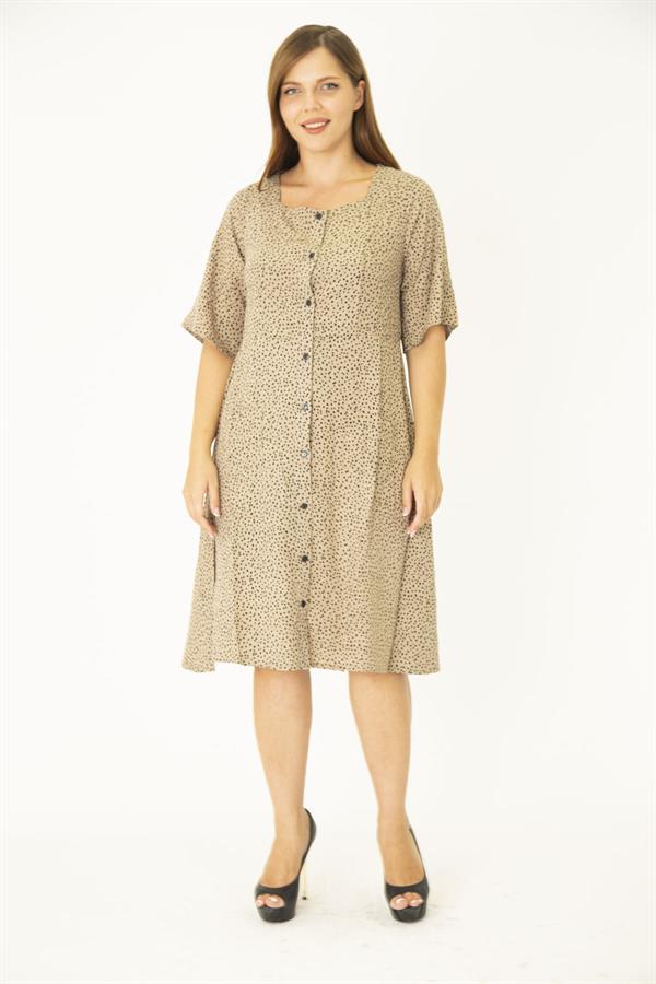 Kadın Büyük Beden Lacivert Dokuma Viskon Kumaş Ön Düğmeli Cepli Elbise 65N36785