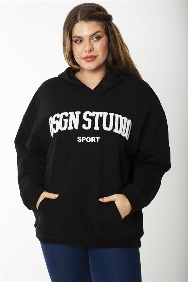Women's Plus Size Black Embroidered Inside and Hooded Detailed Sweatshirt 65N37203