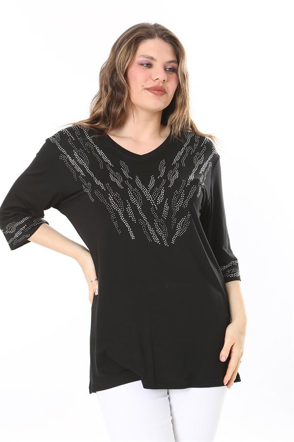 Kadın Büyük Beden Siyah Taş Detaylı Bluz     65N37976