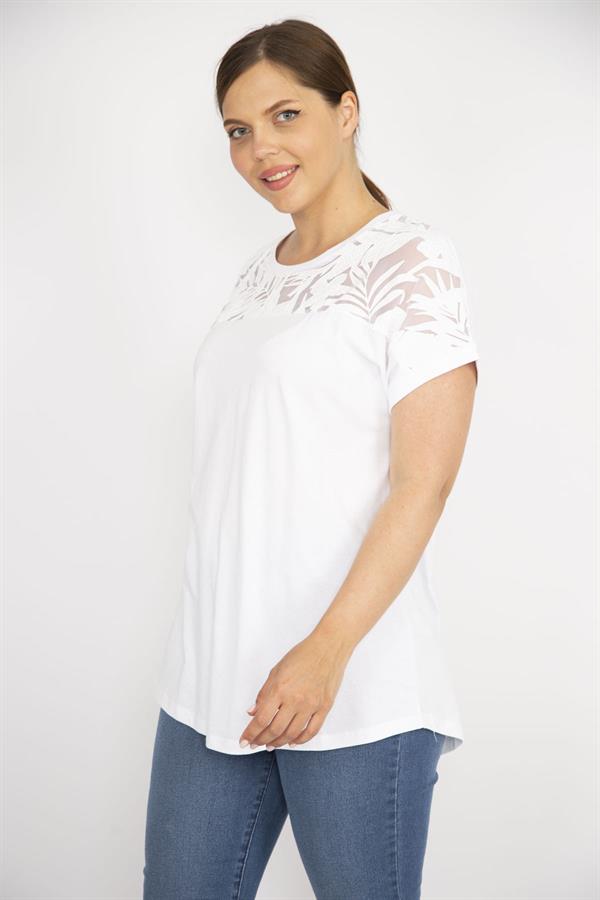 Kadın Beyaz Büyük Beden Pamuk Kumaş Robası Tül Aplike Uzun Bluz