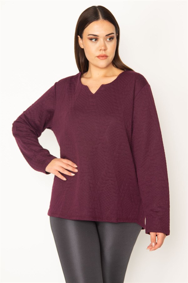 KADIN LACİVERT V YAKALI ARKA ŞERİT DETAYLI KENDİNDEN DESENLİ TUNİK