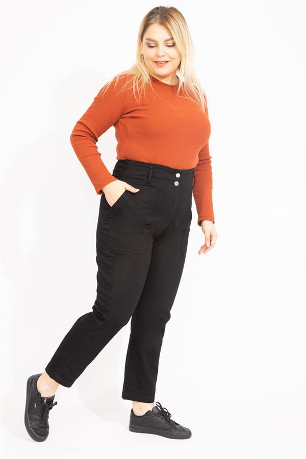 Kadın Siyah Yüksek Bel Takma Cepli Kot Pantolon 65N35549