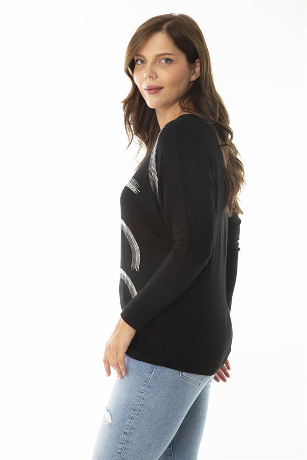 Kadın Büyük Beden Siyah Taş Detaylı V Yakalı Uzun Kollu Bluz 65N36861