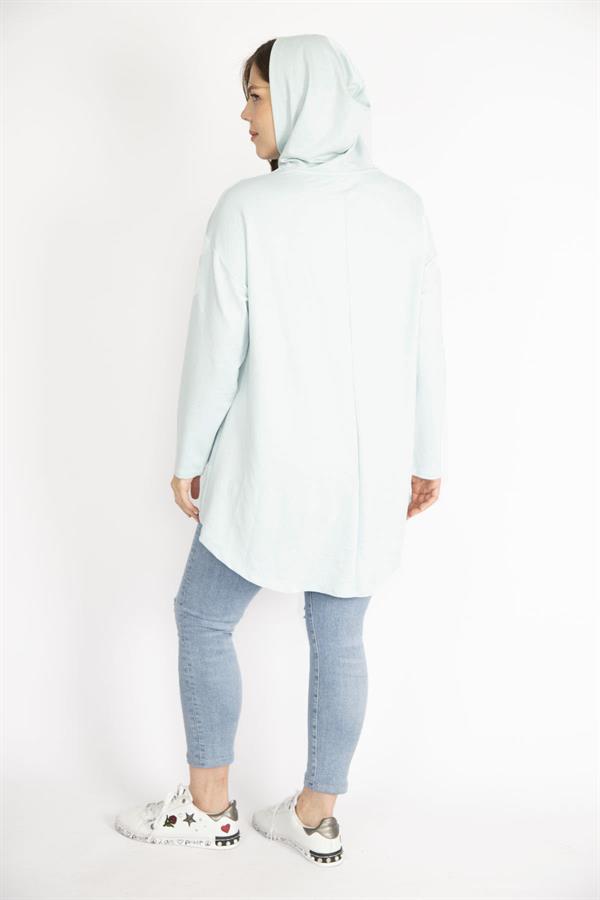 Kadın Bebe Mavisi Büyük Beden Payet Detaylı Kapşonlu Arkası Uzun Sweatshirt