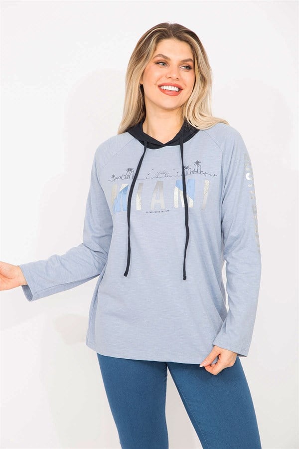 Kadın Mavi Sim Baskılı Kapşonlu Tunik 65N35300