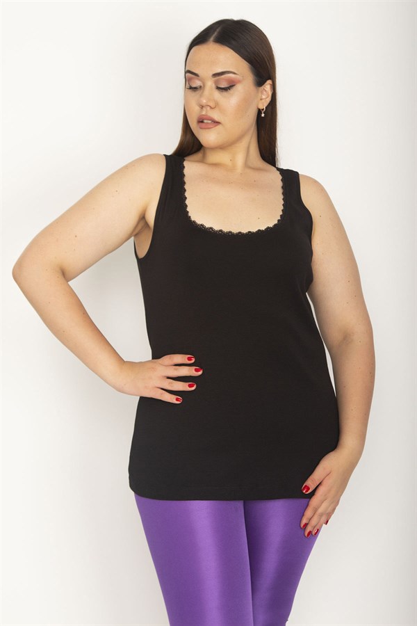 Kadın Siyah Pamuklu Kumaş Yakası Dantel Detaylı Kolsuz Bluz 65N26627