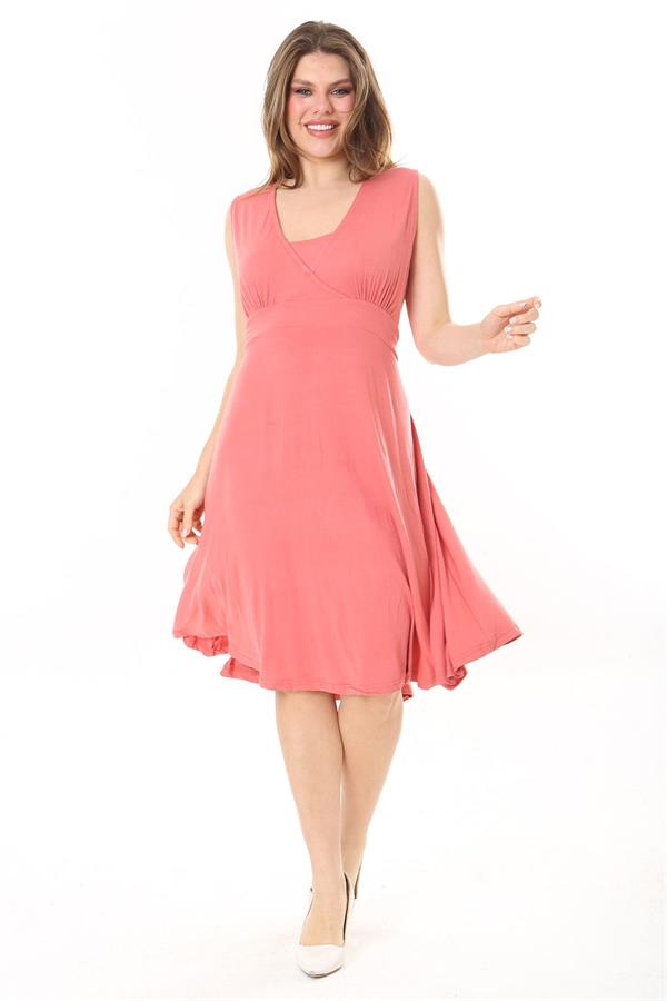 Kadın Haki Anvelop Yakalı Arka Bel Lastikli Kolsuz Likralı Viskon Elbise 65N37872