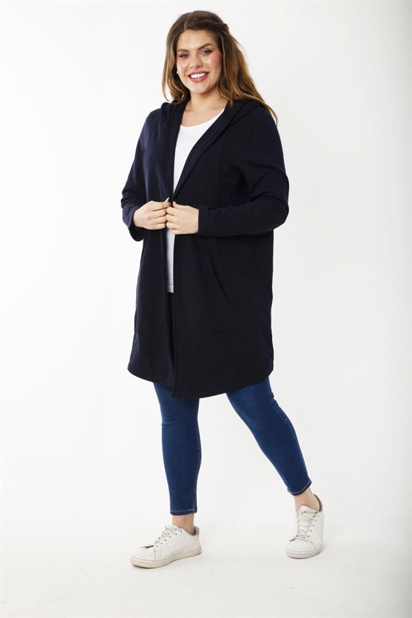 Kadın Büyük Beden Gri Kup Ve Vep Detaylı Kapşonlu Hırka 65N37183