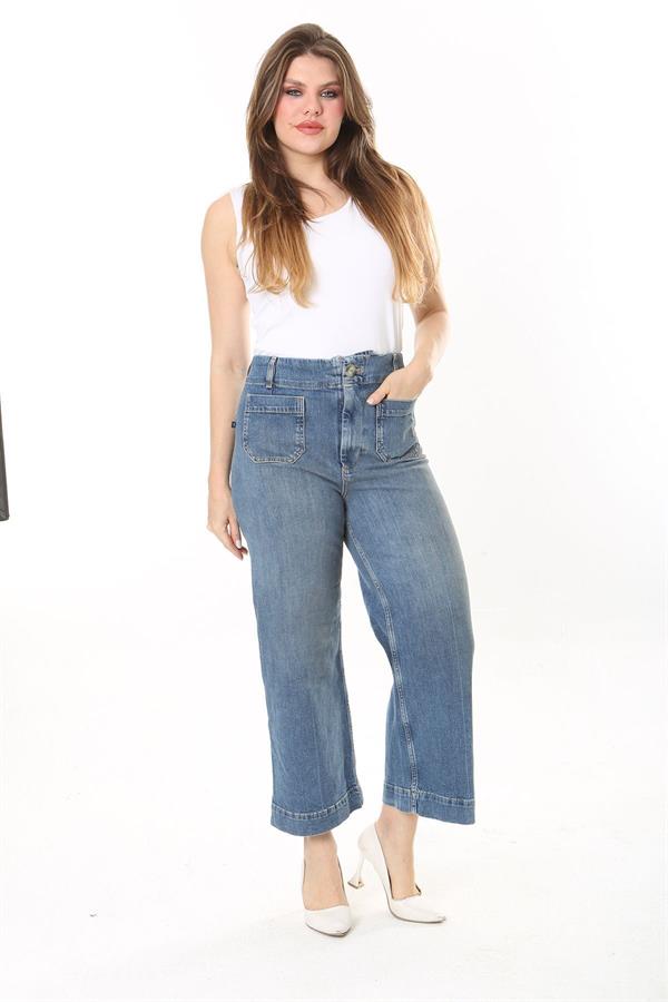 Kadın Büyük Beden Mavi Yüksek Bel 4 Cepli Likralı Kot Pantolon 65N37923