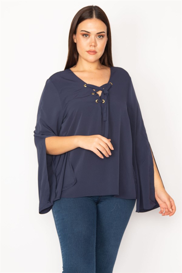 WOMEN'S WHITE COLLAR STRIPED BLOUSE WITH EYELET LACE DETAIL AND SLEEVE SLIT