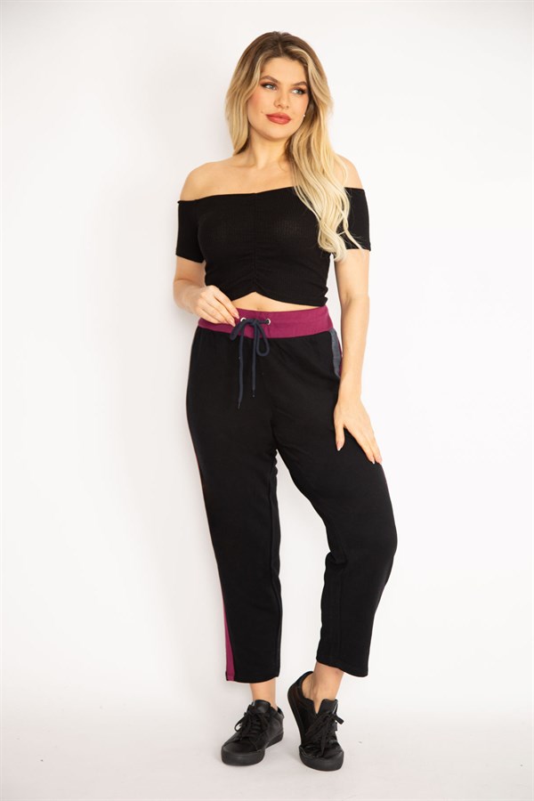 Kadın Siyah Beli Kuşgözü Bağcıklı Renk Detaylı Spor Pantolon 65N35047