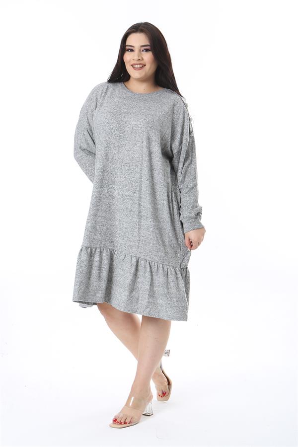 Kadın Büyük Beden Gri Yün Viskon Kumaş Omuzu Süs Düğmeli Elbise 65N38597