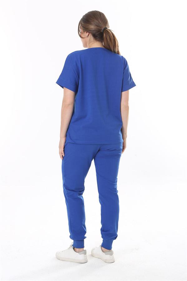 Kadın Büyük Beden Saks Taş Detaylı Kısa Kollu Sweatshirt Pantolon Takım 65N37702