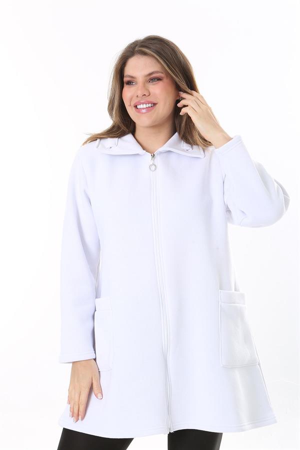 Kadın Büyük Beden Beyaz İçi Şardonlu Ön Fermuarlı 3 İplik Ceket 65N37788