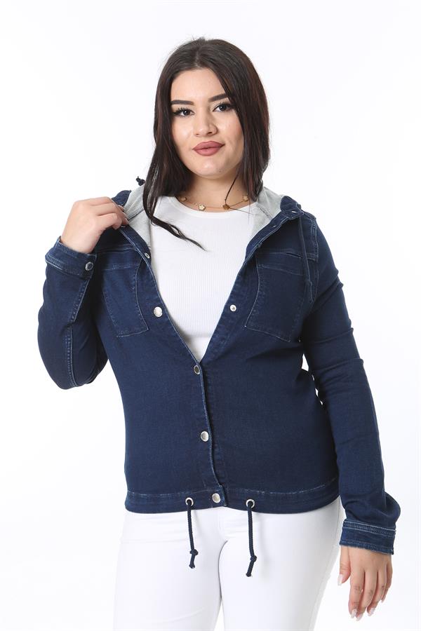 Women's Plus Size Navy Blue Snap Button Hooded Denim Coat 65N38380