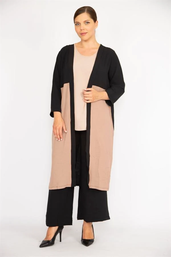 Kadın Büyük Beden İndigo Hırka İç Bluz Ve Pantolon Üçlü Takım