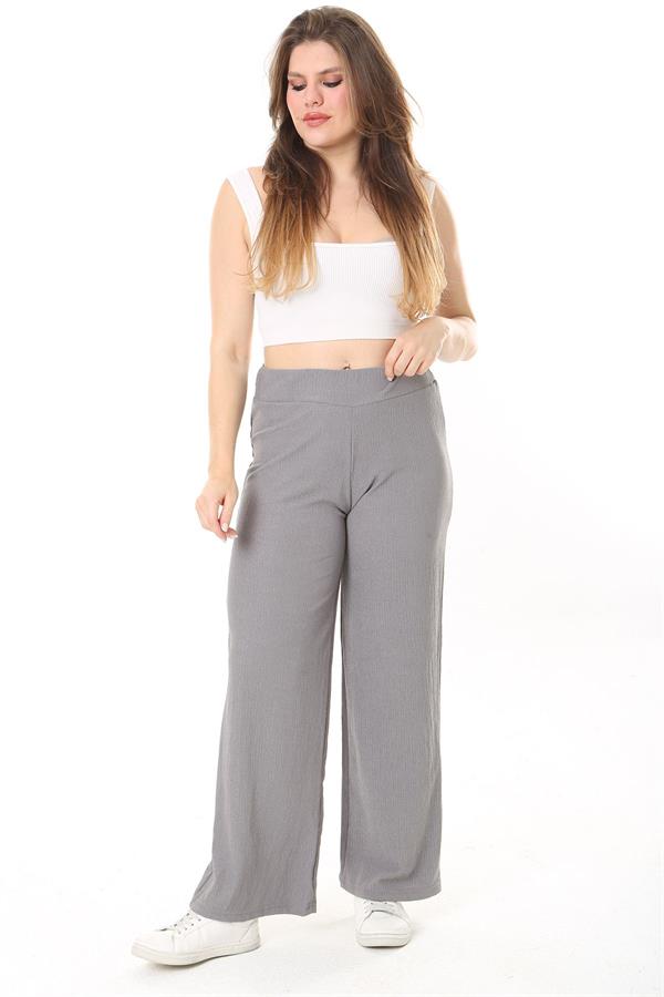Kadın Büyük Beden Gri Beli Lastikli Bürümcük Pantolon 65N37888