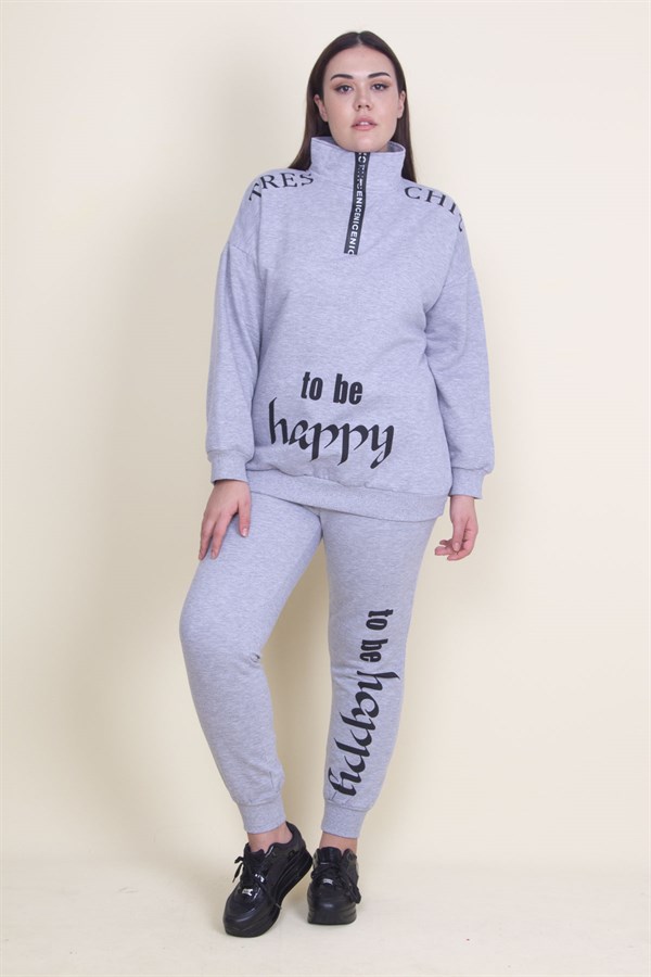 Kadın Gri Pat Fermuar Detaylı Şardonlu Baskılı Eşofman Takım 65N21019