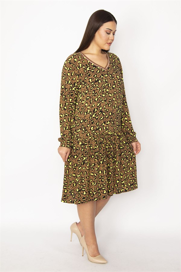 Kadın Desenli Yaka Ribanalı Eteği Katlı Elbise 65N29518