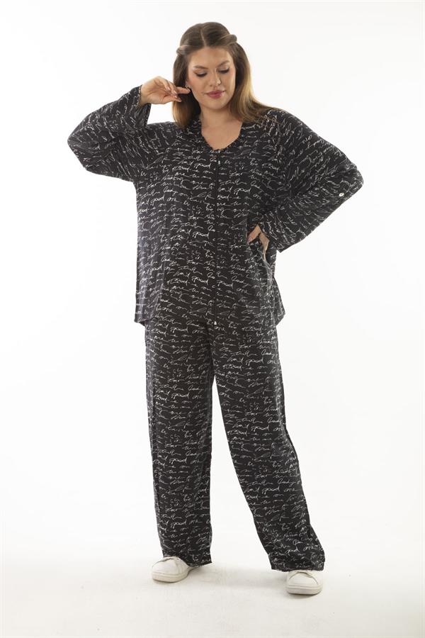 Kadın Büyük Beden Kemik Dokuma Viskon Kumaş Ön Fermuarlı Bluz Pantolon İkili Takım 65N37005