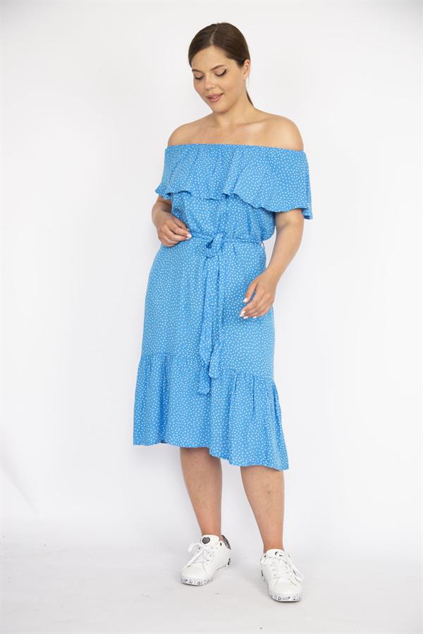 Kadın Mavi Büyük Beden Dokuma Viskon Kumaş Madonna Yaka Kuşaklı Elbise